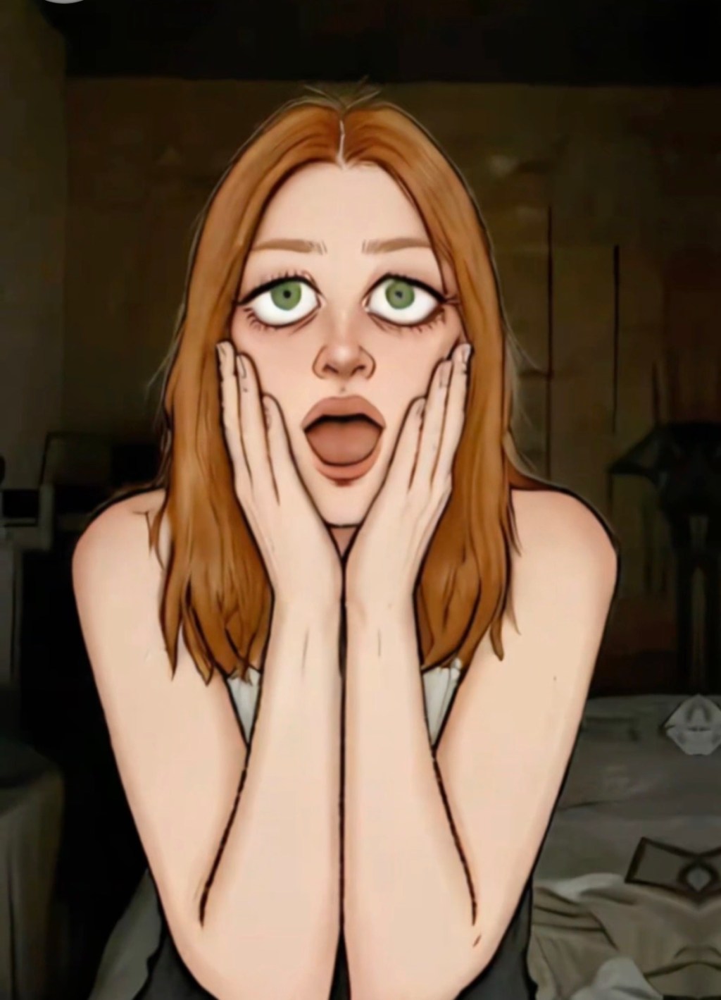 O copypaste tem como uma ruiva criada por IAh Aqui ela aparece da cintura para cima com os olhos esbugalhados com as mãos ao redor da boca mostrando um terror nunca sentido antes.